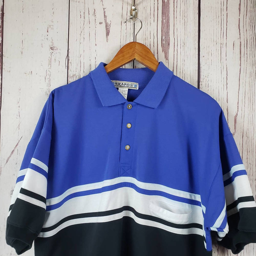Hukapoo 1980's Vintage Polo Shirt Mens Size Xl Short Sleeve Striped Cotton Blue